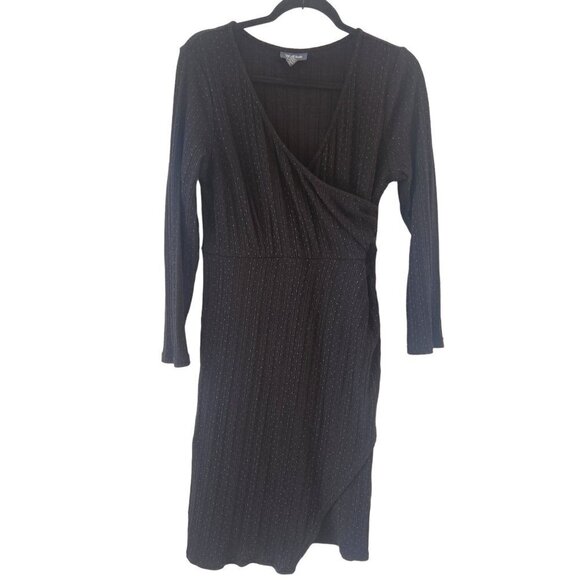 Modcloth Ribbed Knit Black Faux Wrap Dress Comfy Stretch Knit Sweater Dress L - Picture 1 of 7